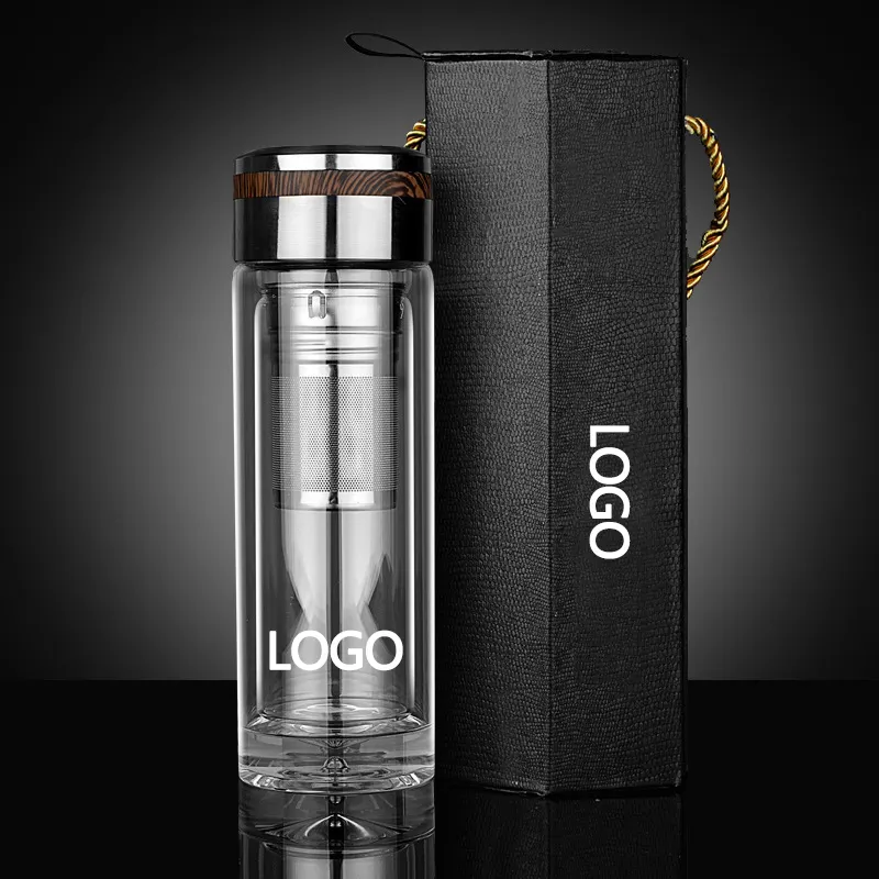 Atacado logotipo personalizado 350ml Limpar Parede Dupla Garrafa De Água De Vidro Com Chá Infusor Filtro Portable office Travel Bottles