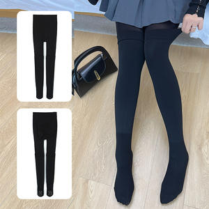 Leggings noirs pour femmes grandes tailles N8513, en nylon, effet deux pièces, design collage, taille haute, extensibles - Product Image 5