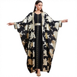 Abaya Trasparente Modesta Musulmana Transfrontaliera Mediorientale con Stampa Floreale e Perline, Set Due Pezzi Stile Dubai con Stampa Dorata - Product Image 1