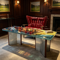 Table basse en résine époxy effet vague océanique avec pieds décoratifs en aluminium et cuir véritable, table centrale artistique pour bureau, salon, maison