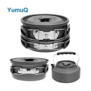 Yumuq Aluminium Draagbare Grote Maten Outdoor Camping Kookgerei Sets Non-Stick 7 Stuk Kookpot