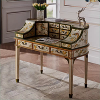 Ensemble de coiffeuses en bois massif avec plusieurs tiroirs, design floral et d'oiseaux peint à la feuille d'or et d'argent, comprend une table, un bureau et une chaise