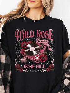 Wild Rose <b>Records</b> T-Shirt Unisex Short <b>Sleeve</b> Crew Neck Casual Printed Floral Design 100% Cotton Jersey Loose Fit All Seasons - Product Image 1