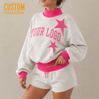 Ensemble de survêtement confortable et oversize pour femme, style Y2K, avec sweat-shirt côtelé rose vif imprimé patchwork étoiles à col montant et short