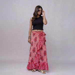 <b>Women's</b> New Red Bohemian Wrap Floral Print Cotton Ruffle Ankle-Length <b>Maxi</b> <b>Skirt</b> - Product Image 1