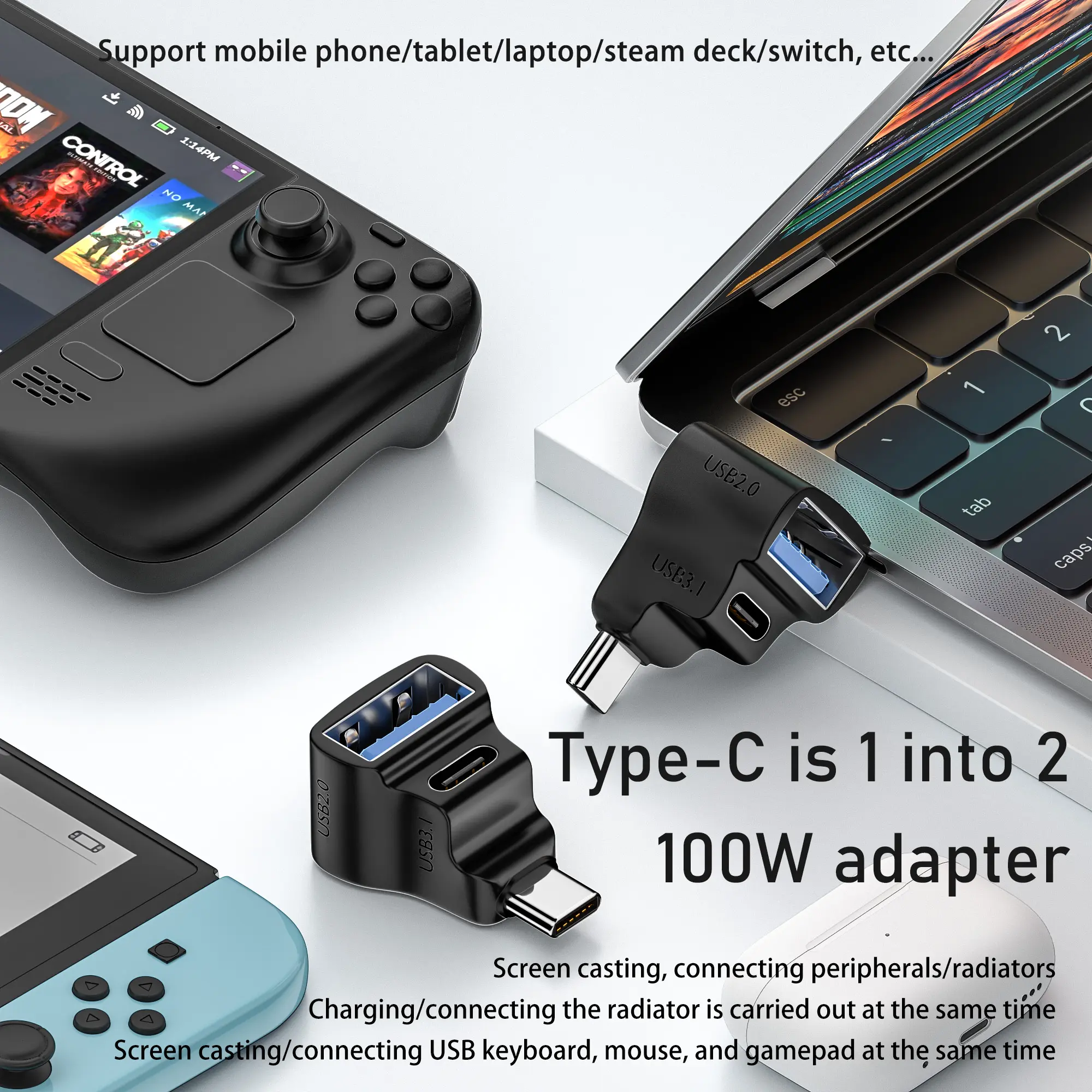 Adaptor OTG Tipe C 3.1 ke USB 100W, pengisian daya 10Gbps 8K60Hz konsol Game Laptop ponsel 2 in 1 menghubungkan USB stick Mouse