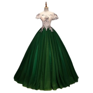 Evening Gown Green Off-Shoulder Floral Print Empire Waist Puffy Skirt Women's Dress For Wedding Party Coming Of Age Ceremony - Product Image 5