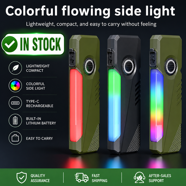 Stock Rechargeable PC Waterproof IP44 6 Modes Magnetic Tail Mini EDC Flashlight 8*COB Front 7*LED (Yellow/UV/Red/Blue) USB-C