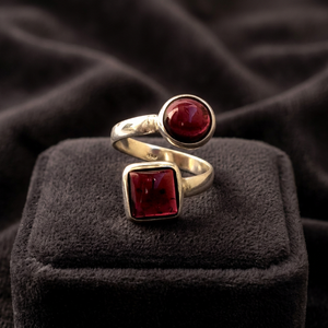 Double Stone <b>Rings</b> with Real Red Garnet Gemstone <b>925</b> Sterling <b>Silver</b> Bezel Setting Inlay Technology - Product Image 1