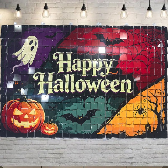 Happy Halloween Party Backdrop with Moon Ghost Witch Scarecrow Pumpkin Bats Banner for Halloween Themed Party Decoration
