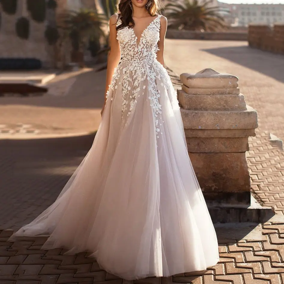 Vestido de noiva de tule macio com apliques de renda luxuosa sem mangas vestido de noiva linha A