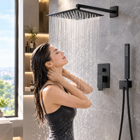 Ensemble de robinetterie de douche noir mat avec pommeau de douche pluie 10 pouces, douchette à main, vanne de régulation de pression, mitigeur de douche mural en laiton - Vente en gros