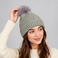 Bonnet tricoté côtelé épais avec pompon en fausse fourrure, chaud pour l'hiver, unisexe, couleur unie, revers pliable, idéal pour les voyages