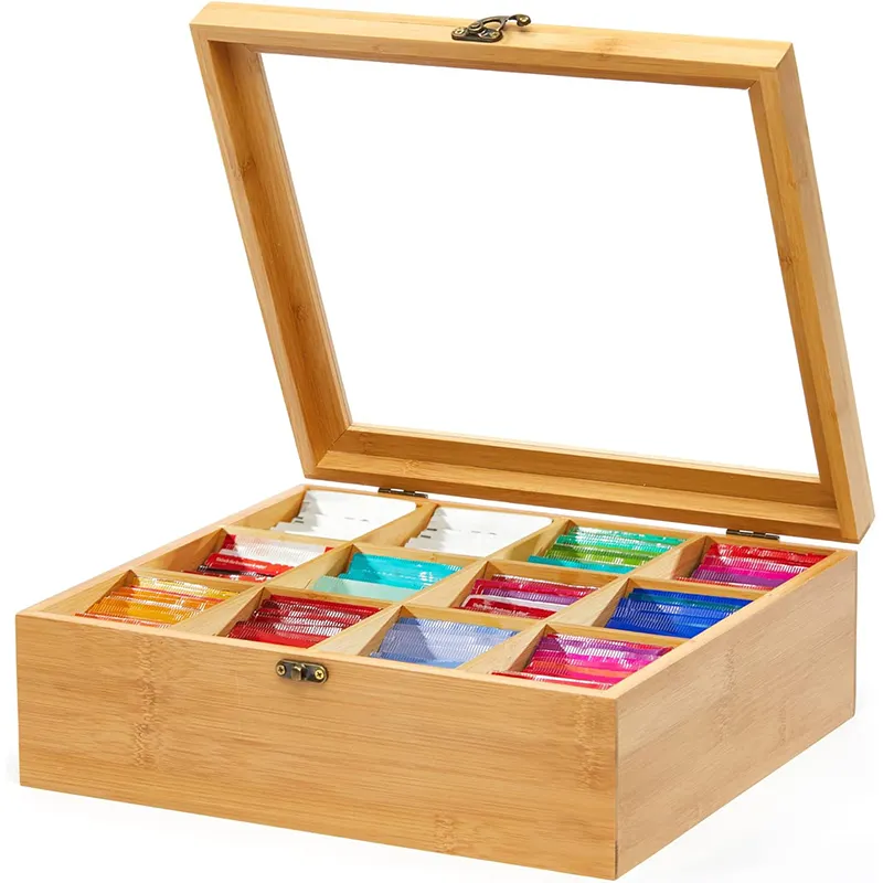 Custom Bamboo Wooden Tea Bag Holder Box Storage Organizer