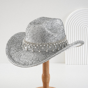 Sombrero de copa plateado de poliéster con ribete de perlas, sombrero de fiesta resistente al viento y al sol, M56-58cm - Product Image 1