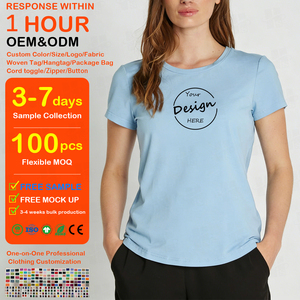 T-shirts pour femmes en coton 230 GSM, coupe ajustée, col rond, ourlet incurvé, broderie 3D personnalisée, vente en gros d'usine, haute qualité - Product Image 1