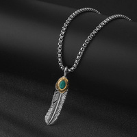 Pendentif en plume avec pierre turquoise, argent tibétain plaqué or, style bohème, charme unisexe, pendentif en acier inoxydable