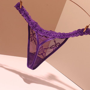 Culotte string sexy en dentelle florale transparente avec broderie violette, taille basse, lingerie féminine respirante, grande taille, culotte T-back - Product Image 1
