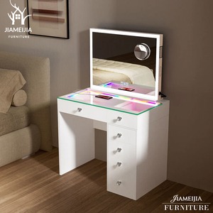 <span class=keywords><strong>Table</strong></span> de toilette moderne blanche avec bande lumineuse LED RGB, plateau en verre, 5 tiroirs, boutons en cristal, bureau de maquillage avec miroir LED tactile pour chambre à coucher - Product Image 1