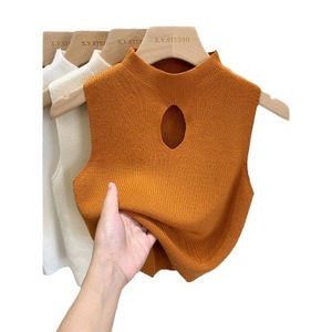 Top a Maglia da <span class=keywords><strong>Donna</strong></span> 2023 con Collo Semi-Alto e Interno Traforato, Nuovo Design Monocolore Aderente e Sexy <span class=keywords><strong>Senza</strong></span> <span class=keywords><strong>Maniche</strong></span> - Product Image 3