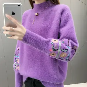 Wholesale western style high quality winter thick angora mahair sleeve embroidery women sweater