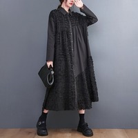 Nouvelle Robe Chemise Oversize Femme Automne 2026 en Gros, Texturée Effet Gaufre, Panneaux Épissés, Grande Taille, Manches Longues, Coupe Trapèze Midi Artistique
