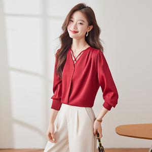 여성 한국 스타일 풀 슬리브 V 넥 블라우스 & 셔츠 일과 비즈니스를 위한 드레시 캐주얼 - Product Image 2