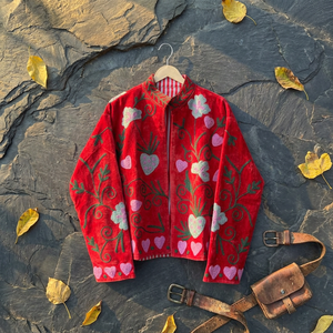 NEW JAIPUR INTERNATIONAL Red Suzani Embroidered <b>Velvet</b> Bomber <b>Jacket</b> for <b>Women</b> Handmade Floral Heart Embroidery Ethnic Boho - Product Image 4