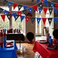 Décorations de fête toile d'araignée, guirlande de fanions triangulaires pour anniversaire et baby shower (rouge, bleu, noir)