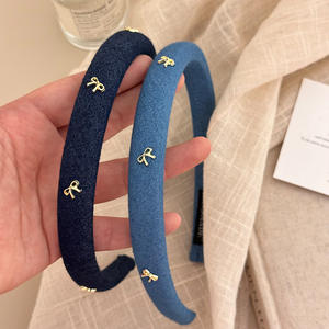 Corea tinta unita Denim <span class=keywords><strong>blu</strong></span> moda Charm spugna fascia per capelli donna semplici accessori per capelli con 5 <span class=keywords><strong>papillon</strong></span> dorati - Product Image 4