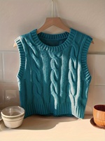 Maßgefertigte Damen-Strickweste in Blaugrün, Ärmellos mit Rundhalsausschnitt, Preppy Crop-Top, Grobstrick-Weste, Ärmellos, Kurz Geschnitten