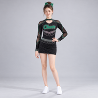 Robe de cheerleading personnalisée pour filles, noire et verte, avec strass, manches longues, en maille scintillante, uniforme d'équipe de compétition, fabricant, vente en gros
