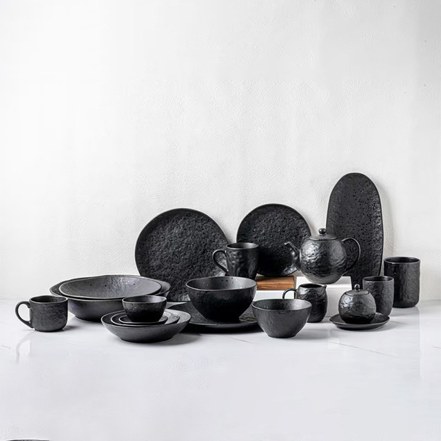 Matte Black Ceramic Stoneware 16-Piece European Dinnerware Set with Lucky and Joyous Pattern Utensils Kit Microwave & Oven Safe