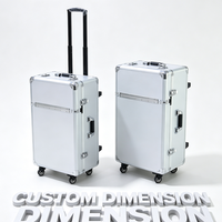 Valise trolley en aluminium argenté avec roulettes pivotantes, freins, poignée télescopique et couvercle séparé, valise à roulettes avec mousse alvéolée