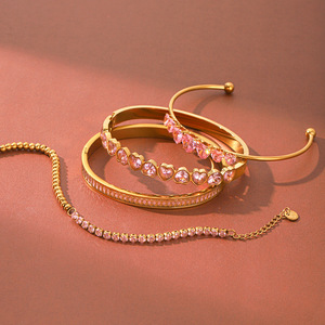 Versatile Ladies <b>Stacking</b> <b>Bracelet</b> High Polished Stainless Steel Embedded Shiny Pink Cubic Zirconia 18K Gold Daily Accessories - Product Image 4