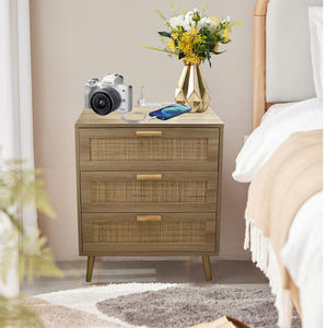 Table d'appoint moderne en bois massif d'extérieur avec rotin et fer, 2 tiroirs pour meuble de chevet - Product Image 2