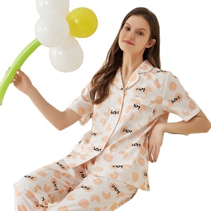 Conjuntos <span class=keywords><strong>de</strong></span> Pijamas <span class=keywords><strong>de</strong></span> Algodón Térmico Personalizados al por Mayor, Camiseta <span class=keywords><strong>de</strong></span> Manga Corta con Cuello en V y Pantalones Largos, Ropa <span class=keywords><strong>de</strong></span> Dormir para Mujer, Tela <span class=keywords><strong>de</strong></span> 180g, Casual - Product Image 1