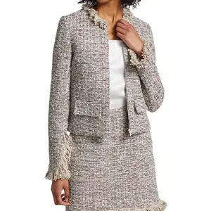 New Design High Quality Women Clothing Office Career Formal Party Tweed Elegant Fancy Blazer Skirt Ladies Two-Piece Suits Dress