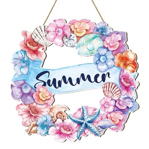 Couronne de plage hawaïenne d'été en bois, ronde, colorée, avec décorations de coquillages, panneau décoratif à suspendre pour la maison - Product Image 5