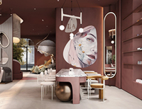 Ensemble de mobilier sur mesure pour salon de coiffure : comptoir de réception, poste de coiffage et vitrine