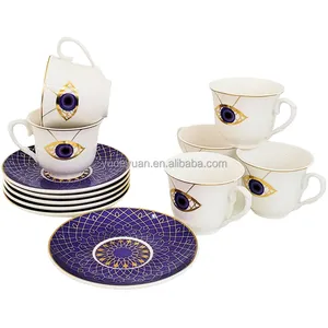 맞춤형 도매 공급 업체 블루 아이 디자인 개인화 된 찻잔 도자기 커피 컵과 접시 세트 터키 컵 로고 세트