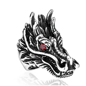แหวนหัวมังกรโกธิคทำจากสแตนเลสแหวนรูปพังค์สำหรับผู้ชายแหวนรูปสัตว์สุดเจ๋ง