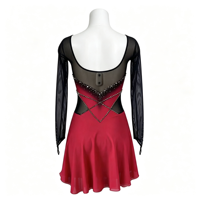 Robe de patinage artistique rouge et noire contrastée, en maille, à manches longues, avec strass en V, taille ajustée, pour la compétition et les spectacles