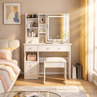 Coiffeuse blanche avec miroir LED, bureau de maquillage avec rangement et tabouret pour chambre à coucher
