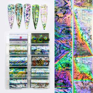 10 rouleaux d'autocollants de transfert pour nail art motif paon, design coquille d'ormeau 3D, décalcomanies de transfert pour ongles - Product Image 2