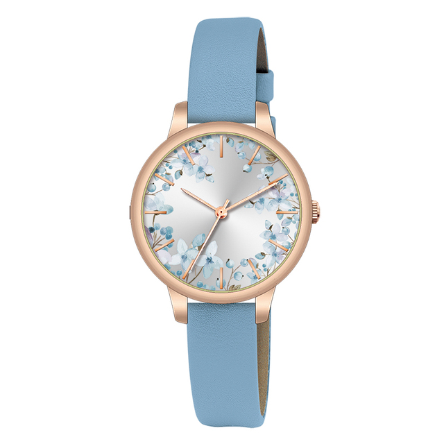 2025 Elegant Charming Casual Lady with Flower Pattern Dial Thin Band Round Case Pointer Analog Quartz Watch