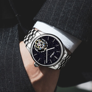 Montre mécanique de luxe pour homme en acier inoxydable doré, squelette volant, tourbillon, montre-bracelet d'affaires - Product Image 4