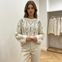 Juliette – Pull en maille blanc à manches longues pour femme, personnalisé OEM & ODM, de haute qualité, style pointelle, pour le loisir, vente en gros
