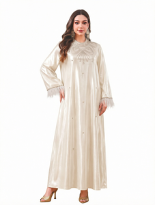 Elegant <b>Rhinestone</b> Embellished Loose Fit Abaya <b>Dress</b> Ivory Long Sleeve Ankle Length Evening <b>Dress</b> for Muslim Women - Product Image 1