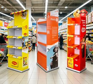 Customized Logo 4 <strong>Tier</strong> Cardboard Retail POS Floor Display <strong>Stand</strong> POP up Paper <strong>Food</strong> Snack Display Shelf Rack <strong>Stand</strong> for Supermarket - Product Image 1
